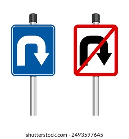 U-Turn Right Traffic Road Sign on White Background