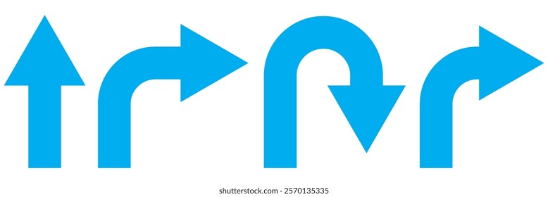 U-Turn Right Traffic Road Sign. Go Straight This Way One Way Only U Turn Left and Right Blue and White Arrow Round Circle Traffic Sign Direction Icon Set. Vector Image.