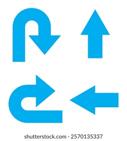 U-Turn Right Traffic Road Sign. Go Straight This Way One Way Only U Turn Left and Right Blue and White Arrow Round Circle Traffic Sign Direction Icon Set. Vector Image.