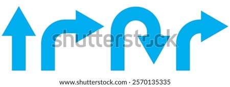 U-Turn Right Traffic Road Sign. Go Straight This Way One Way Only U Turn Left and Right Blue and White Arrow Round Circle Traffic Sign Direction Icon Set. Vector Image.