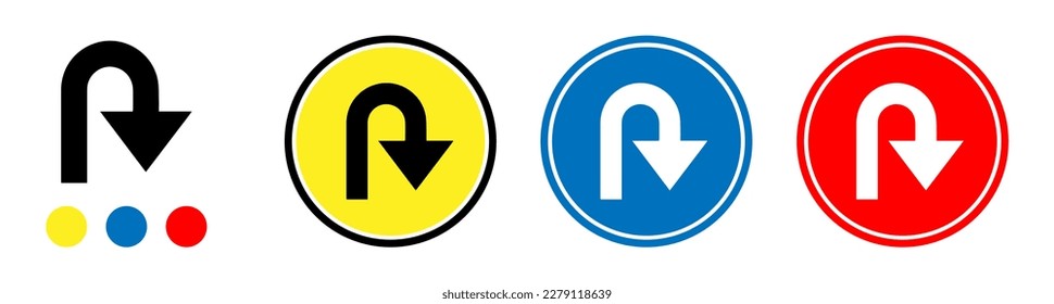 U-turn road marking, curved arrow direction icon, yellow, blue and red road sign isolated