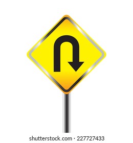 U-Turn road sign. Yellow road sign with turn symbol isolated on white background