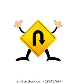 U-Turn Roadsign - Yellow road sign with turn symbol isolated on white background