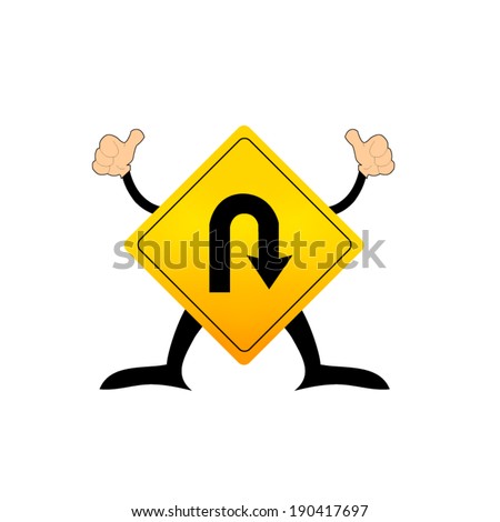 U-Turn Roadsign - Yellow road sign with turn symbol isolated on white background