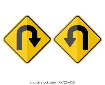 U-Turn Warning Road Sign Yellow Road Sign With Turn Symbol Isolated On Diamond Board Paperwork Flat Design