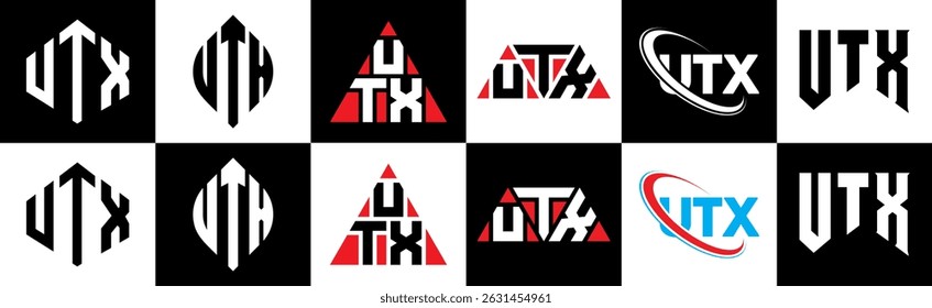 Diseño de logotipo de letra UTX en seis estilos. Polígono UTX, círculo, triángulo, hexágono, estilo plano y simple con logo de letra de variación de color blanco y negro en una mesa de trabajo. Logotipo minimalista y clásico de UTX