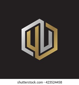 UU initial letters looping linked hexagon elegant logo golden silver black background