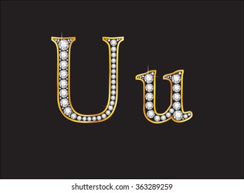 Uu in stunning diamond precious round jewels set into a 2-level gold gradient channel setting, isolated on black. Vector EPS-10 file, transparency used. 