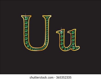 Uu in stunning emerald precious round jewels set into a 2-level gold gradient channel setting, isolated on black. Vector EPS-10 file, transparency used. 