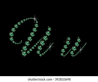 Uu in stunning Emerald Script precious round jewels, isolated on black. Vector EPS-10 file, transparency used. 