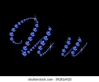 Uu in stunning Sapphire Script precious round jewels, isolated on black. Vector EPS-10 file, transparency used. 