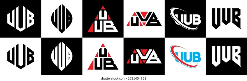 UUB letter logo design in six style. UUB polygon, circle, triangle, hexagon, flat and simple style with black and white color variation letter logo set in one artboard. UUB minimalist and classic logo