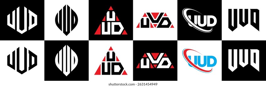 UUD letter logo design in six style. UUD polygon, circle, triangle, hexagon, flat and simple style with black and white color variation letter logo set in one artboard. UUD minimalist and classic logo