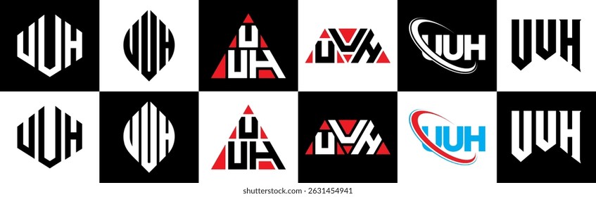 UUH letter logo design in six style. UUH polygon, circle, triangle, hexagon, flat and simple style with black and white color variation letter logo set in one artboard. UUH minimalist and classic logo
