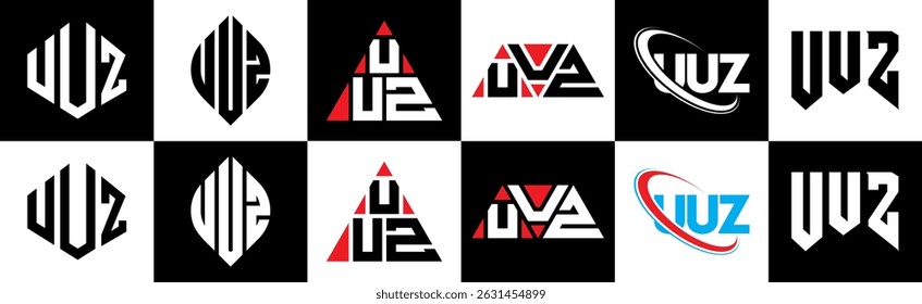 UUZ letter logo design in six style. UUZ polygon, circle, triangle, hexagon, flat and simple style with black and white color variation letter logo set in one artboard. UUZ minimalist and classic logo