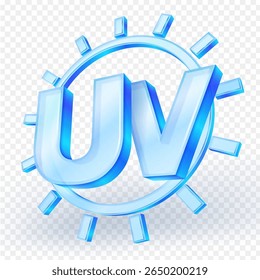 UV 3d icon with radiant sun rays. Material of the icon is blue transparent glass. symbolizing ultraviolet protection, sunlight and summer themes. Isolated on transparent background. Vector EPS file.