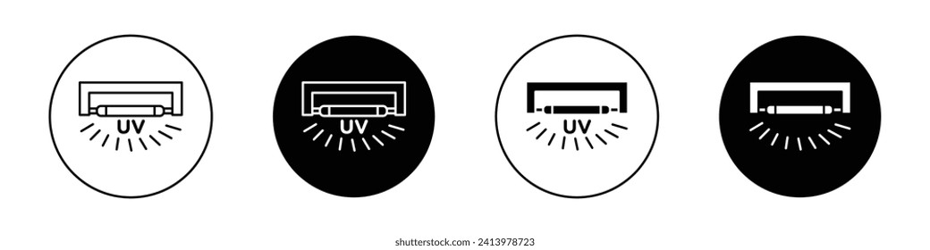 UV-Entkeimungslampen Symbol-Set. Ultraviolette antibakterielle Lampe Vektorsymbol in schwarz gefülltem und umrissenem Stil. Uvc sterilisiert Leuchtenzeichen.