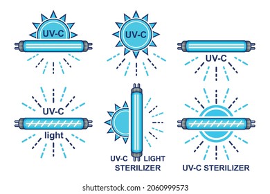 UV disinfection light bulb, quartz sterilizer lamp icon set. UVC ultraviolet antibacterial sterilization rays disinfect air, cleaning surface. Coronavirus, bacteria killing. Hospital hygiene. Vector