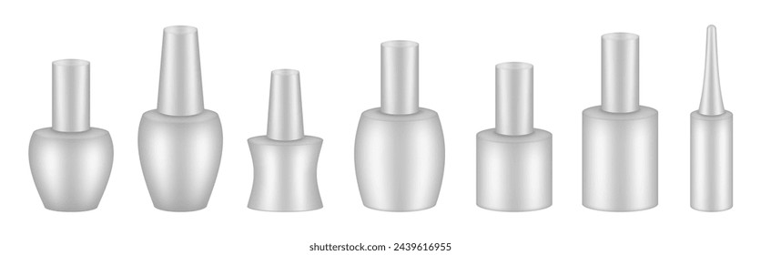 Botellas de esmalte de uñas de gel UV. Juego de botellas blancas. Esmalte de uñas o gel uv. Maqueta de embalaje realista. Kit de manicura