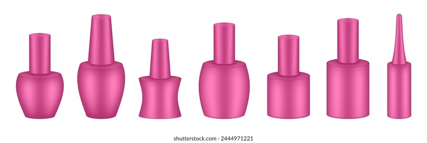 UV gel nail polish bottles. Set of pink bottles. Nail laquer or uv gel. Realistic packaging mockup. Manicure kit