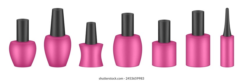 UV gel nail polish bottles. Set of black and pink bottles. Nail laquer or uv gel. Realistic packaging mockup. Manicure kit	