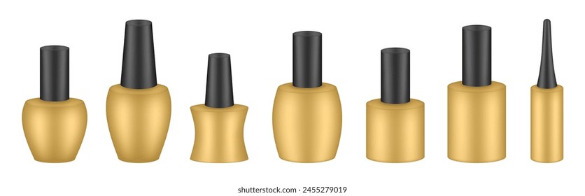 UV gel nail polish bottles. Set of black and gold bottles. Nail laquer or uv gel. Realistic packaging mockup. Manicure kit	