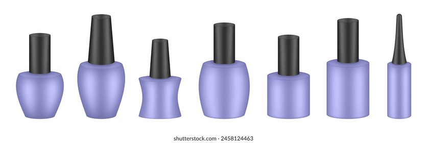 UV gel nail polish bottles. Set of black and purple bottles. Nail laquer or uv gel. Realistic packaging mockup. Manicure kit