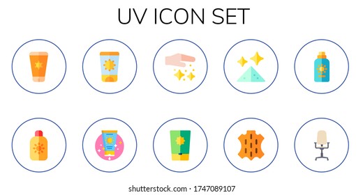 uv Symbol gesetzt. 10 flache uv Icons. Inbegriffen Sonnencreme, Sonnencreme, Sonnencreme, Staub, Sonnenblende, Haut, komfortable Symbole