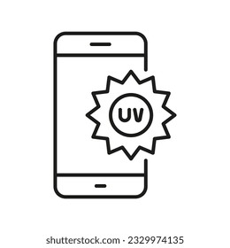UV Index Level Mobile App Line Icon. Ultraviolet Radiation Smartphone Application Linear Pictogram. Use Technology for Skincare in Summer Time Symbol. Editable Stroke. Isolated Vector Illustration.