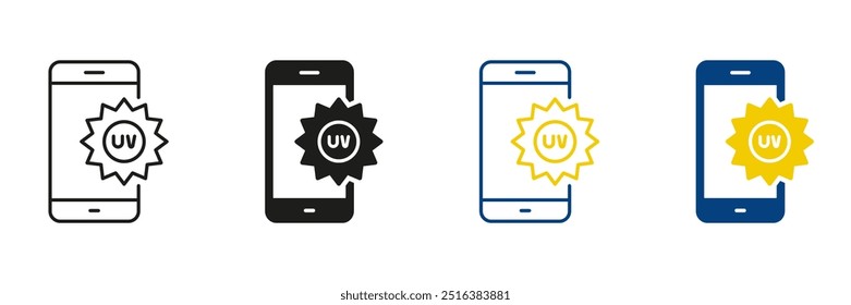 UV Index Level Mobile App Line and Silhouette Icon Set. Ultraviolet Radiation Smartphone Application Pictogram. Editable Stroke. Isolated Vector Illustration.