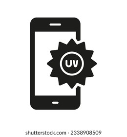 UV Index Mobile App Silhouette Icon. Ultraviolet Radiation Level Glyph Pictogram. Use Technology for Skincare in Summer Time Symbol. Sunlight Smartphone Application Sign. Isolated Vector Illustration.
