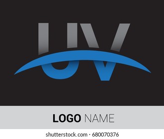 UV initial logo company name colored grey and blue swoosh design.