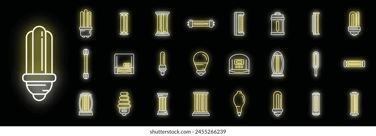 Iconos de lámpara UV Vector de contorno. Clínica de cuidados. Limpiador de bombillas color neón sobre negro