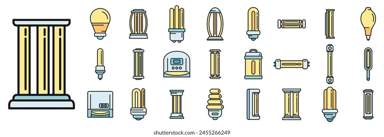 UV lamp icons set outline vector. Care clinic. Bulb cleaner thin line color flat on white
