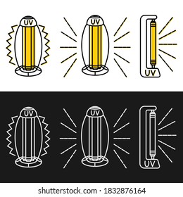 UV light disinfection outline icons set. Ultraviolet light sterilization of air and surfaces. Device for disinfection of premises. Surface cleaning. Vector illustration
