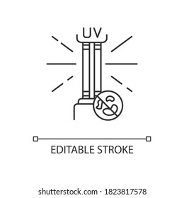 UV light disinfection pixel perfect linear icon. Ultraviolet germicidal irradiation thin line customizable illustration. Contour symbol. UV lamp vector isolated outline drawing. Editable stroke