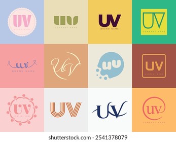 UV logo company template. Letter u and v logotype. Set different classic serif lettering and modern bold text with design elements. Initial font typography. Collection trendy business identity.