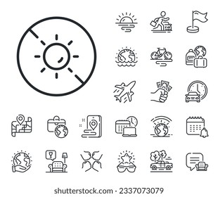 Uv protect sign. Plane jet, travel map and baggage claim outline icons. No sun line icon. Sunscreen effect symbol. No sun line sign. Car rental, taxi transport icon. Place location. Vector