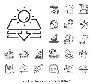 Uv protect sign. Plane jet, travel map and baggage claim outline icons. Sun protection line icon. Sunscreen effect symbol. Sun protection line sign. Car rental, taxi transport icon. Vector