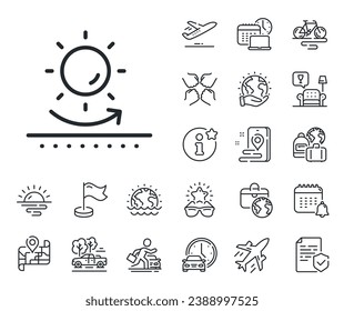 Uv protect sign. Plane jet, travel map and baggage claim outline icons. Sun protection line icon. Sunscreen effect symbol. Sun protection line sign. Car rental, taxi transport icon. Vector