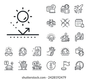Uv protect sign. Plane jet, travel map and baggage claim outline icons. Sun protection line icon. Sunscreen effect symbol. Sun protection line sign. Car rental, taxi transport icon. Vector
