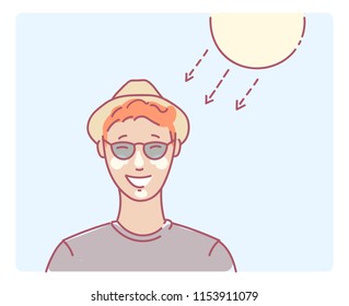 UV protected man wearing hat, sunscreen and sunglasses happy and safe from sun radiation