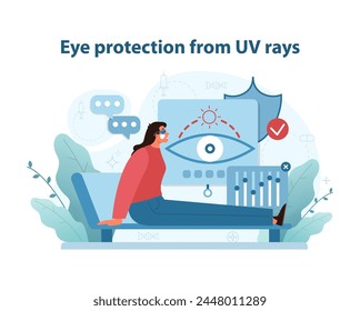 In: UV Protection Awareness Illustration Eine Frau mit Sonnenbrille betont, wie wichtig es ist, die Augen vor schädlichen UV-Strahlen zu schützen. Flache Vektorillustration.