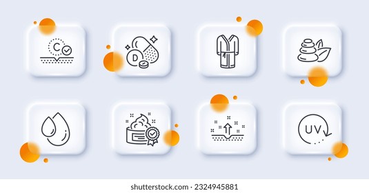 Uv-Schutz, Saubere Haut und Vitamin-D-Linien Icons Pack. 3D-Glasknöpfe mit unscharfen Kreisen. Kollagenhaut, Öltropfen, Bathrobe-Websymbol. Creme, Spa Steine Piktogramm. Für Web-App, Drucken. Vektorgrafik