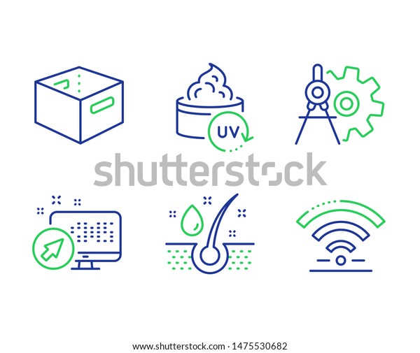Uv protection,\
Cogwheel dividers and Office box line icons set. Web system, Serum\
oil and Wifi signs. Skin cream, Settings, Delivery box. Computer.\
Business set. Vector