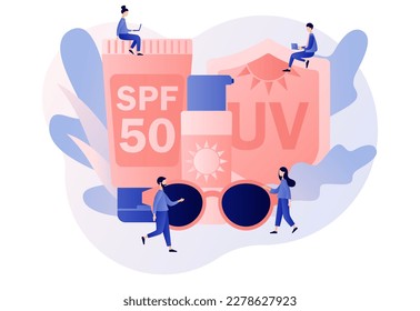 UV protection concept. Products with different SPF levels. Tubes and bottles of sunscreen cream, lotion, gel. Modern flat cartoon style. Vector illustration on white background
