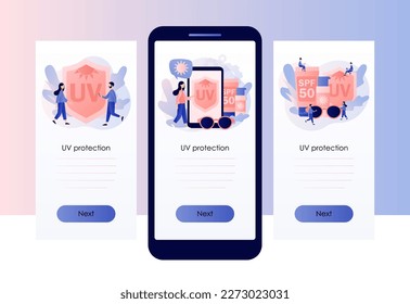UV protection concept. Tubes and bottles of sunscreen cream, lotion, gel. Products with different SPF levels. Screen template for mobile, smartphone app. Modern flat cartoon style. Vector illustration