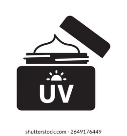 UV protection cream icon with an open jar of sunscreen lotion and UV label for broad spectrum skincare and sun damage prevention vector solid glyph icon