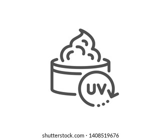 Uv protection cream line icon. Skin care sign. Cosmetic lotion symbol. Quality design element. Linear style uv protection icon. Editable stroke. Vector