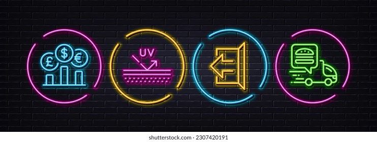 Uv protection, Currency rate and Sign out minimal line icons. Neon laser 3d lights. Food delivery icons. For web, application, printing. Skin cream, Financial exchange, Logout. Meal order. Vector